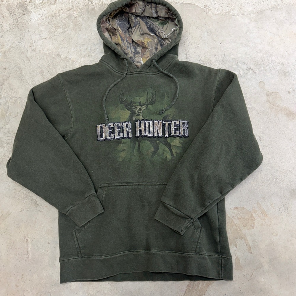 Buck Wear Deer Hunter Hoodie Green Camo Lined Hood Pullover Sweatshirt‎ Mens M